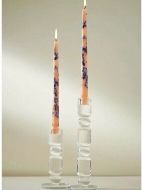 Anthropologie Pink Taper Candles with Blue Floral Motif - Set of 2 - 12”